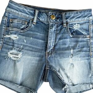 American Eagle Outfitters Hi rise distressed super stretch denim jean shorts